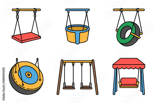 Playground swing icons collection, bucket toddler swing, tire swing, wooden seat, canopy swing, hanging chair, outdoor play graphics