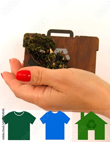 A hand holds a small wooden box, possibly a recycled product, while three garments and a house icon represent sustainable choices