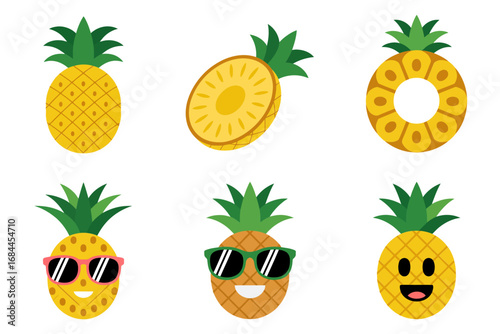 Cute pineapple character vector illustrations, smiling fruit faces with sunglasses, tropical emoji icons, summer food graphics, playful designs