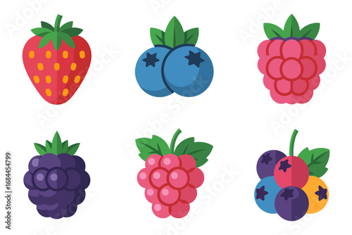 Mixed berry fruit vector set, strawberry blueberry raspberry blackberry elderberry cluster icons, colorful organic produce, healthy snack graphics