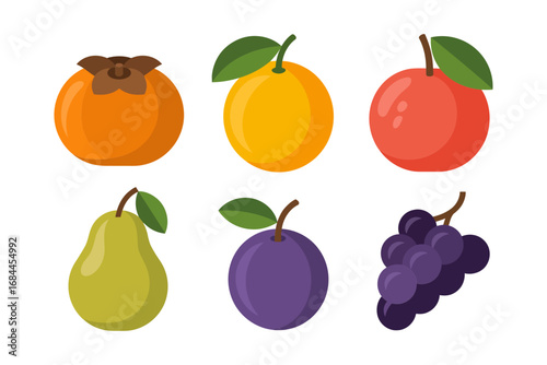 Fruit collection vector illustrations, persimmon pear plum grape apple icons, seasonal harvest produce set, wholesome market food graphics