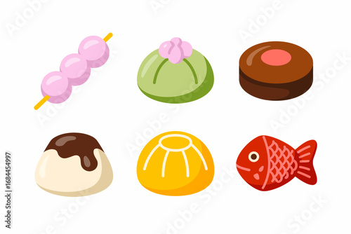 Colorful wagashi vector illustrations, Japanese dessert icons with dango taiyaki daifuku mochi, sweet treats collection, cultural food graphics