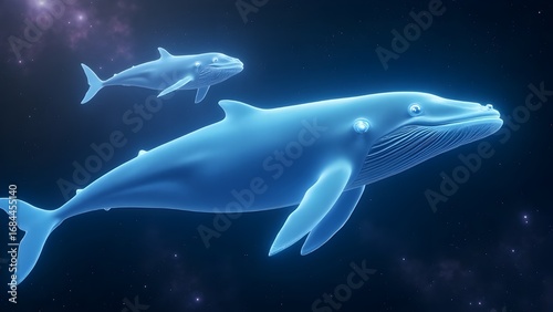 Wallpaper Mural Majestic glowing blue whales, a mother and her calf, gracefully navigating the cosmic ocean of a star-filled galaxy Torontodigital.ca