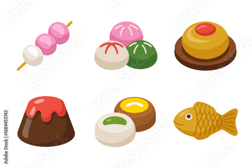 Assorted wagashi dessert vector illustrations, dango dorayaki taiyaki mochi icons, Japanese sweets pack, cultural confectionery food graphics
