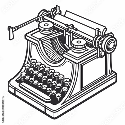 Classic black and white illustration of an antique typewriter