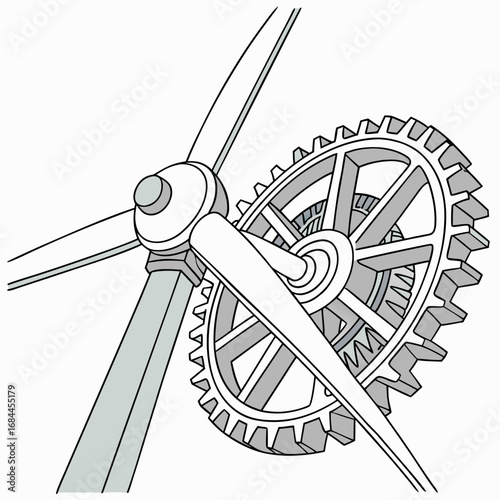 Close up illustration of a wind turbine rotor connected to a large gear mechanism