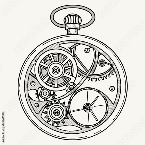 Detailed illustration of intricate pocket watch mechanism with gears and springs