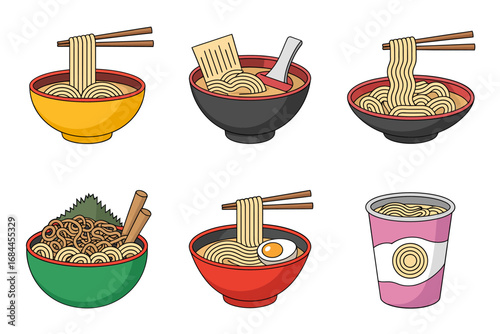 Assorted noodle bowls vector illustrations, ramen soup cups, udon noodles, chopsticks, broth toppings, Asian cuisine meal graphics
