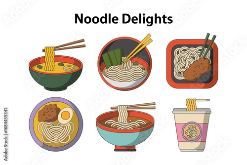 Noodle takeout bowl vector set, instant cup noodles, soba udon variations, chopsticks, garnish toppings, Asian food icons