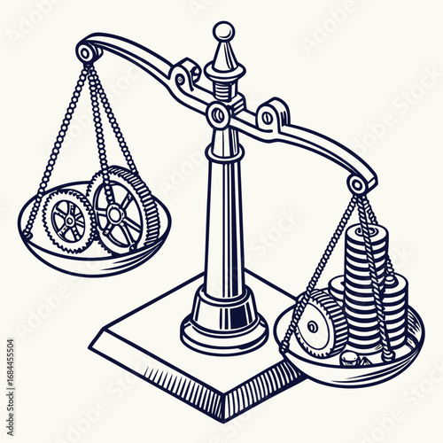 Gears and coins balanced on a scale representing economic or industrial equilibrium