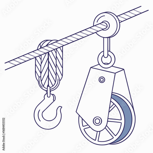 Illustration of a simple pulley system with a hook and a block and tackle