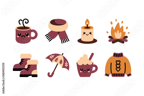 Warm cozy lifestyle icons, hot drink candle knit sweater boots campfire umbrella, hygge comfort collection, autumn seasonal design