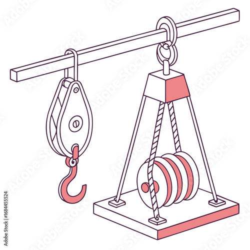 Illustration of a simple pulley system with a hook and a block and tackle mechanism