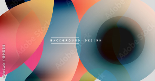Abstract colorful shapes overlap creating dynamic visual effect. Gradient hues blend smoothly, modern design element.