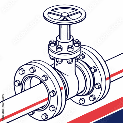 Industrial pipeline valve with flanges and handwheel in isometric line art style