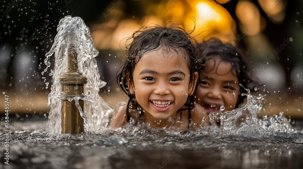 Obraz premium Children playing in a safe clean water access point splashing water bright mid-day sunlight