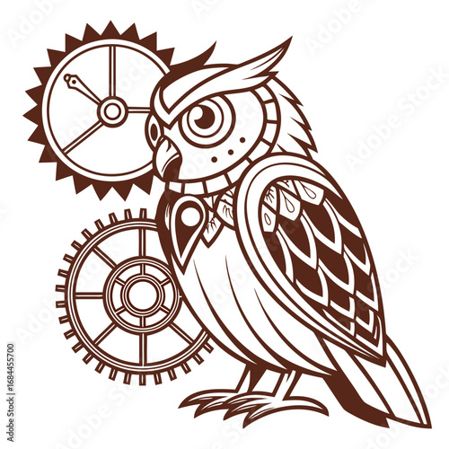 Intricate steampunk owl illustration with gears and mechanical details