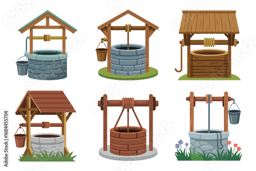 Village well pump set, wooden frame wells, stone trough, bucket pulley rope, garden water source, rural vintage icons
