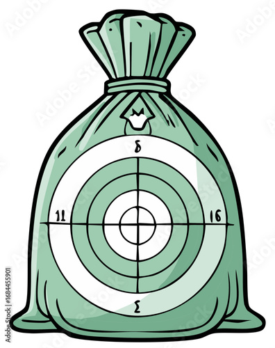 Cartoon Lucky Bag with Target Symbols Showing Numbers and Mathematical Characters on Light Green Canvas