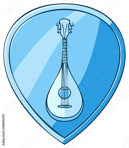 Cartoon illustration of a musical instrument. Blue graphic of a mandolin in a teardrop-shaped emblem.