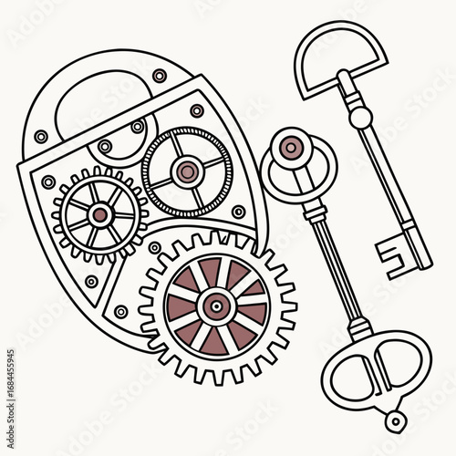 Steampunk lock and keys with intricate gears and mechanical details