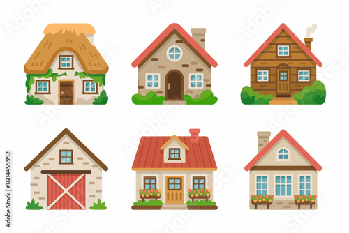 Rustic farmhouse illustrations, countryside cottages, traditional village homes, vintage architecture, cozy rural living, old fashioned houses
