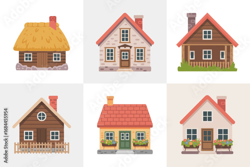 Village home vector collection, cozy cottages, countryside living, traditional houses, rustic dwellings, farm architecture, small home icons