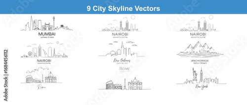 City Skyline Vector Art Collection Featuring Nine Urban Landscapes Including Mumbai, Nairobi, New Orleans, Rome, and Anchorage