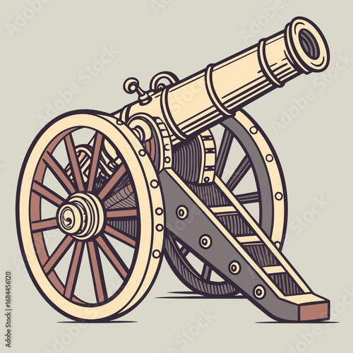 Vintage cannon with wooden wheels and detailed metal components on a neutral background