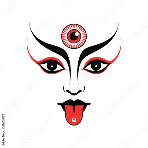 Stylized face of Goddess Kali with third eye, bold eyeliner, red tongue, and symmetrical features, symbolic of divine power and spiritual insight