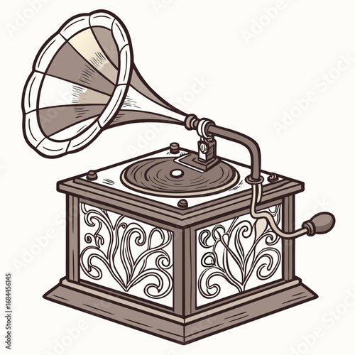 Vintage gramophone with decorative ornate sides and large horn