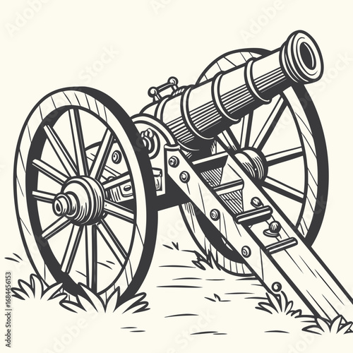 Vintage cannon illustration on a light background with grass details
