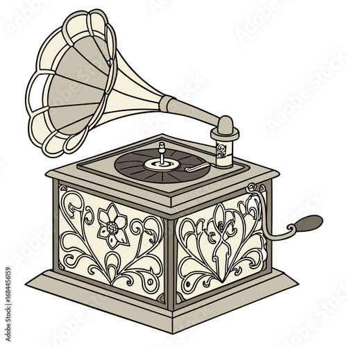 Vintage gramophone with ornate details and amplifying horn
