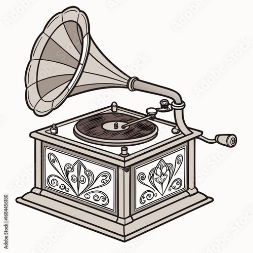 Vintage gramophone with ornate details and a spinning record