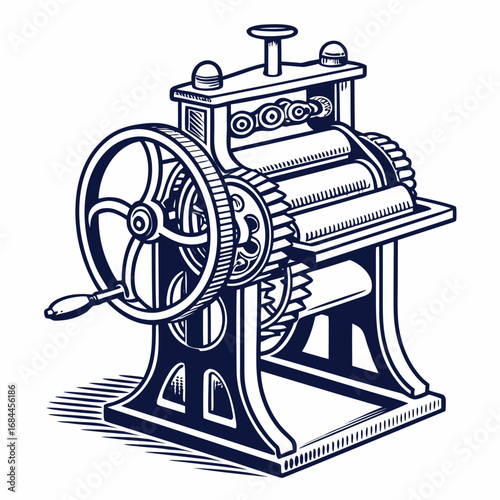 Vintage industrial machine with large crank wheel and rollers