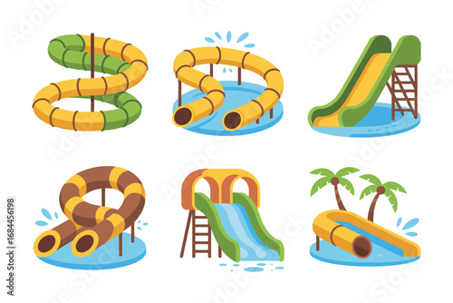 Curved water slide collection, spiral aqua park rides, pool adventure entertainment, summer fun icons, amusement park illustrations