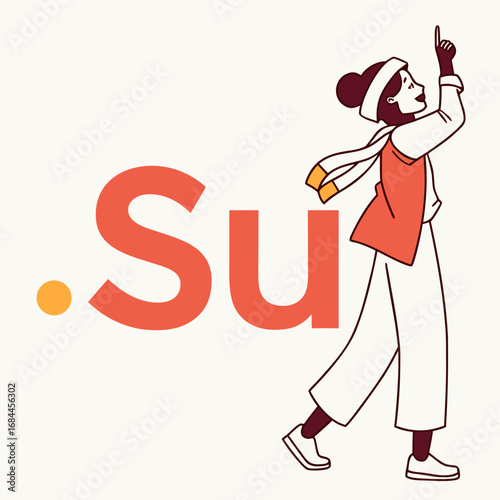 Woman in winter attire pointing upwards next to the su domain name