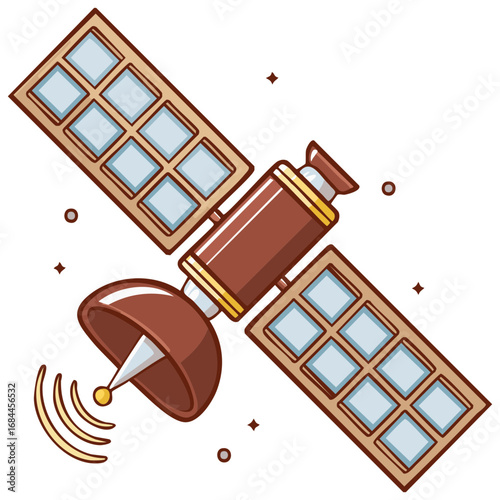 Cartoon illustration of a satellite sending and receiving signals for communication