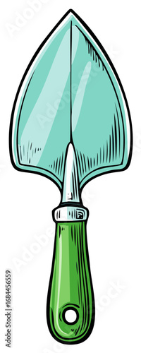 Green Hand Trowel with Teal Blade and Hole in Handle