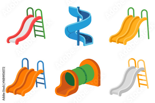 Children�s playground slide collection, outdoor fun equipment, colorful play structures, backyard activity park, amusement entertainment, recreational design