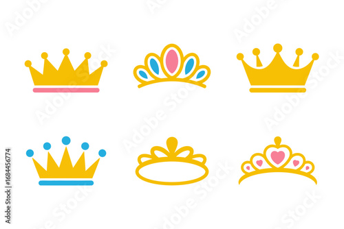 Royal crown and tiara vector illustrations, golden coronet icons, jeweled diadem, princess queen accessories, regal headpiece graphics