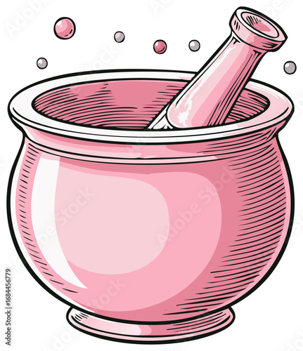 Pink mortar and pestle creating magical potion with bubbles