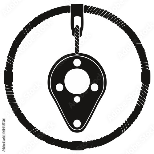 Marine block on rope ring Black and white flat vector illustration. Sailing tackle design element