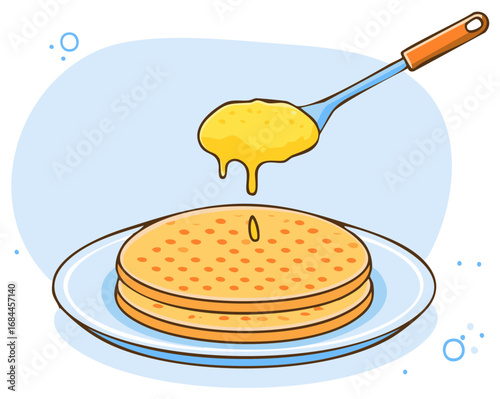 Animated illustration of stack of pancakes and spoon with syrup for breakfast