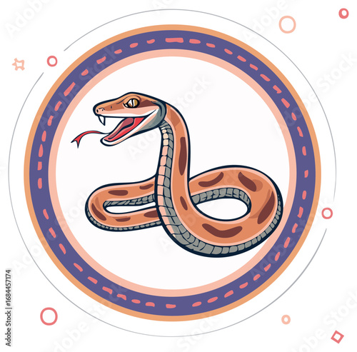 Stylized illustration of a coiled snake with open mouth and forked tongue inside a decorative circular frame