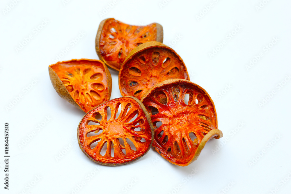 Fototapeta premium Dried bael slices used for herbal tea.
