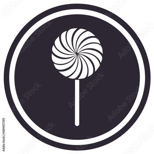 Minimalist lollipop icon featuring a swirling candy design in a simple round frame on a light backdrop