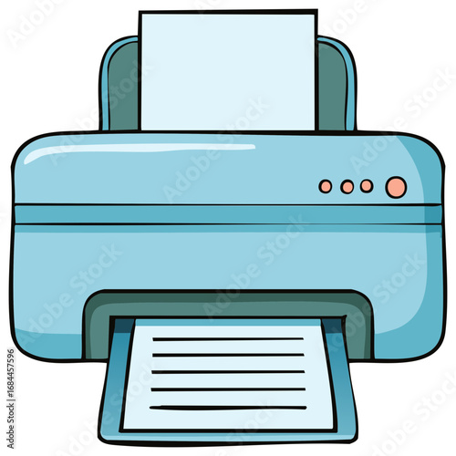 Cartoon Printer Prints Document Paper Sheets in Office Technology Illustration