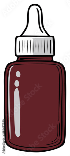 Hand drawn cartoon illustration of a dark red glass dropper bottle for serum or tincture