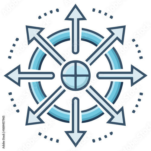 Eight arrows radiating outwards from a central point symbolizing expansion direction spread distribution reach growth